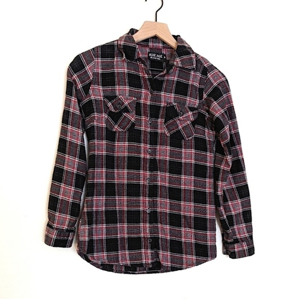 Blue Age Fitted Plaid Flannel Shirt with Roll Tab Sleeves size Small